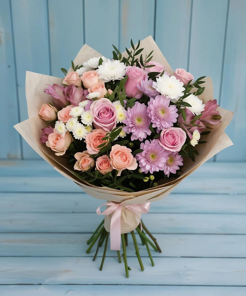 Букет цветов из: Хризантемы, Розы и Альстромерии в Нагорное