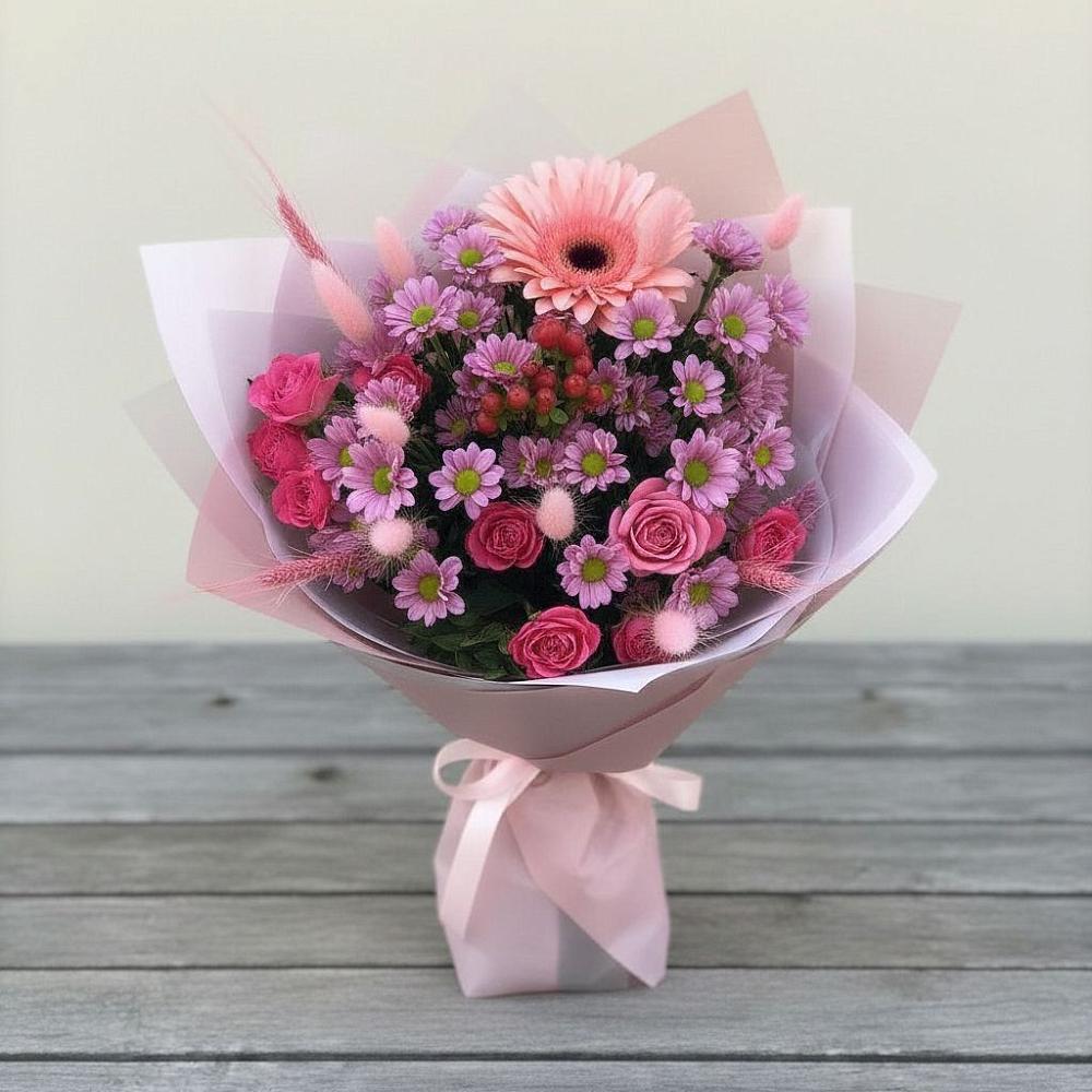 Букет цветов из: Розы, Герберы и Хризантемы в Нагорное