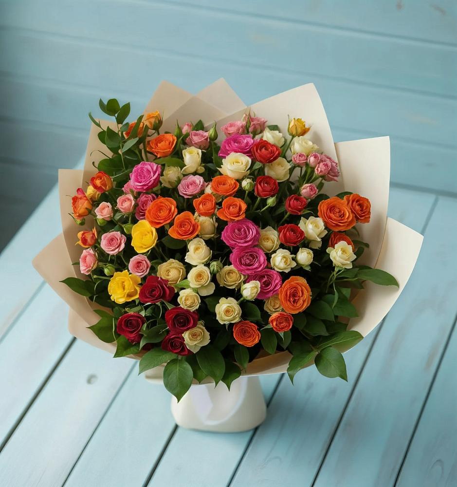 Букет Микс из разноцветных кустовых роз в Нагорное