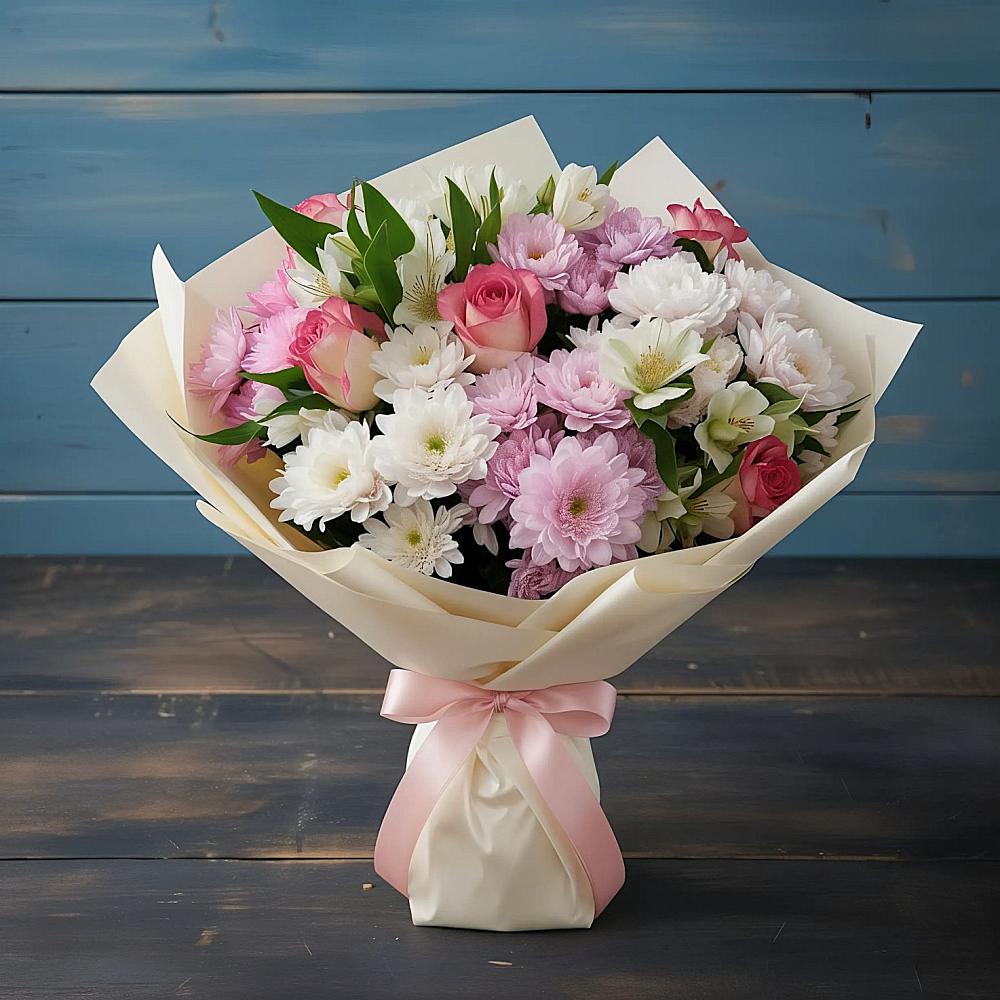 Букет цветов из: Хризантемы, Альстромерии и Розы в Нагорное